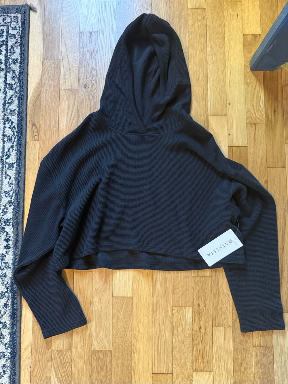 Athleta Black Cropped Waffle-Knit Hoodie